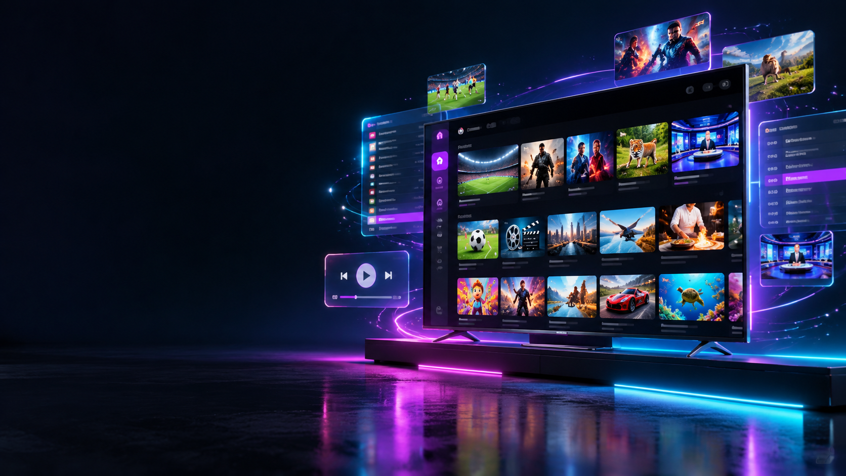 Smart IPTV UK subscription interface showing live channels and streaming on a smart TV
